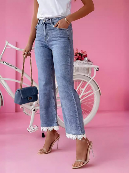 High waist slim fit bootcut jeans for women with fresh hem lace trousers